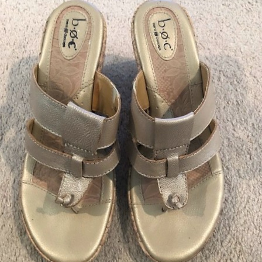Boc Born Concept Gold Leather Open Toe Cork Wedge